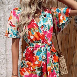 Multicolor Boho Womens Floral Print Butterfly Sleeve Belted Romper